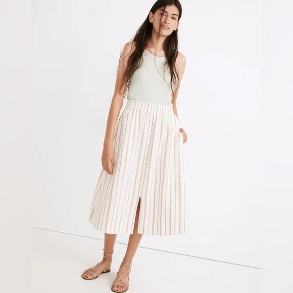 Madewell Linen-Cotton Smocked-Waist Button-Front Midi Skirt Size Small GUC - Picture 1 of 10